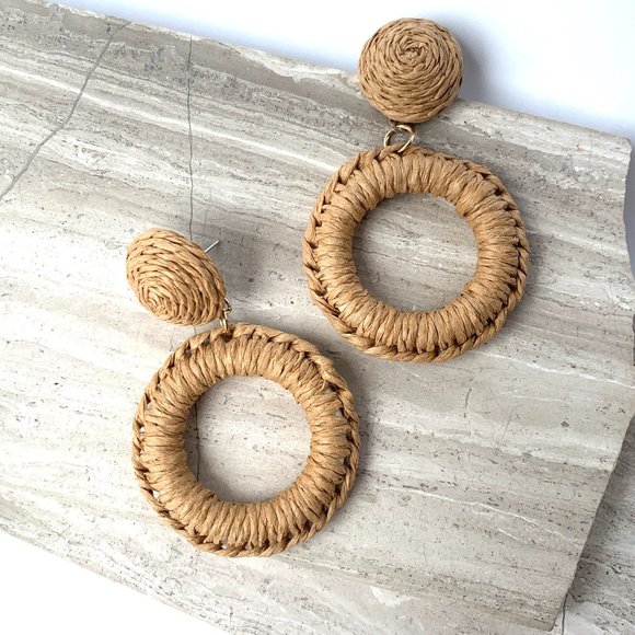 Anthropologie Jewelry - New ~ Anthropologie Natural Woven Raffia Hoop Earrings